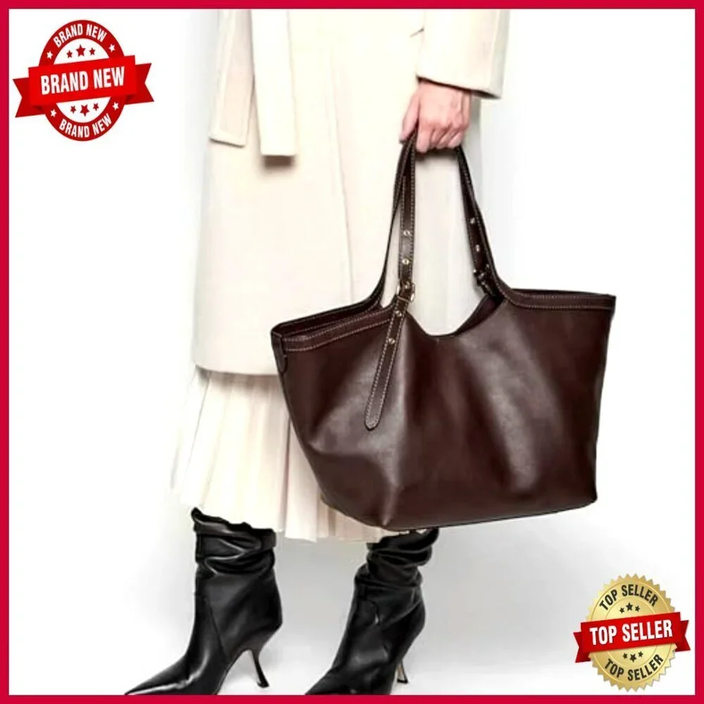 Large Vegan Leather Tote Bag with Adjustable Strap for Work Travel